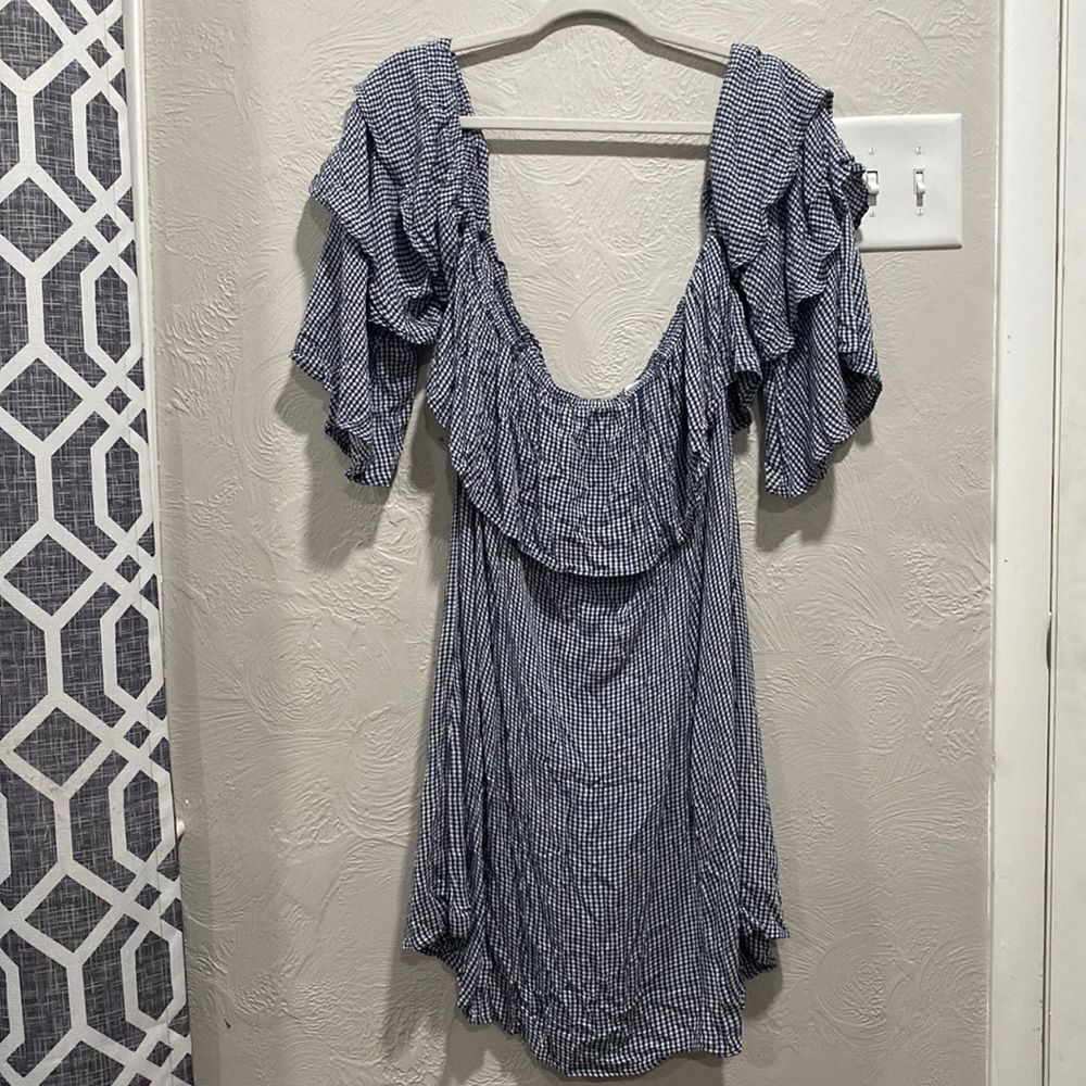 American Eagle Blue Gingham Off The Shoulder Dress Size XL NWT